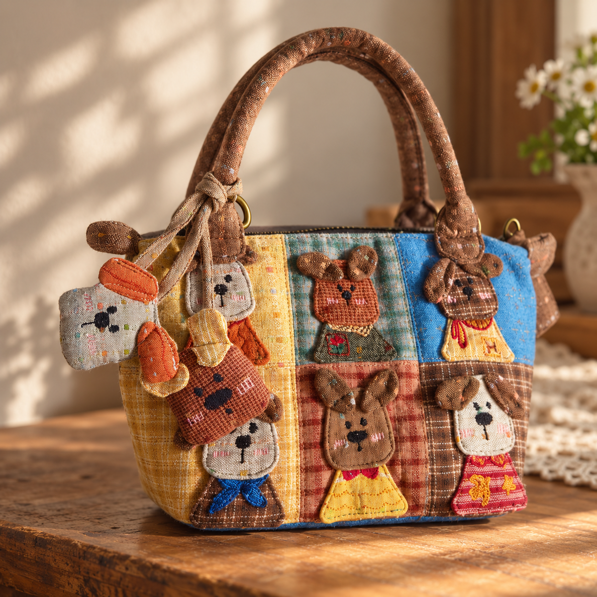 Double Dog Bag Charm – Embroidered Textile