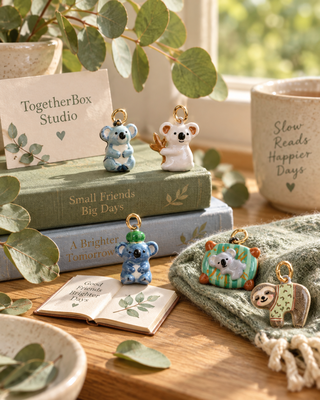 The Eucalyptus Reading Nook – Copper & Enamel Koala & Sloth Charms & Pendants
