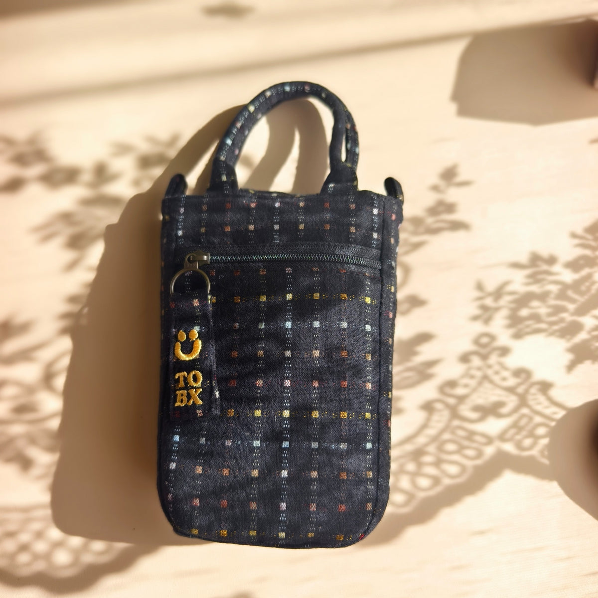 Four Little Dogs Navy Patchwork Mini Bag – Hand-Embroidered Details