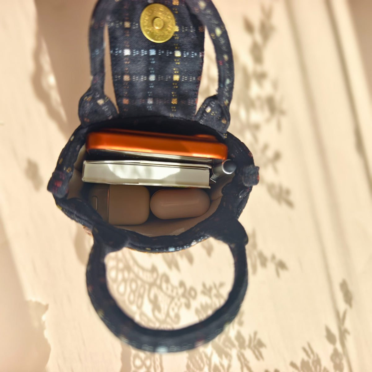Four Little Dogs Navy Patchwork Mini Bag – Hand-Embroidered Details