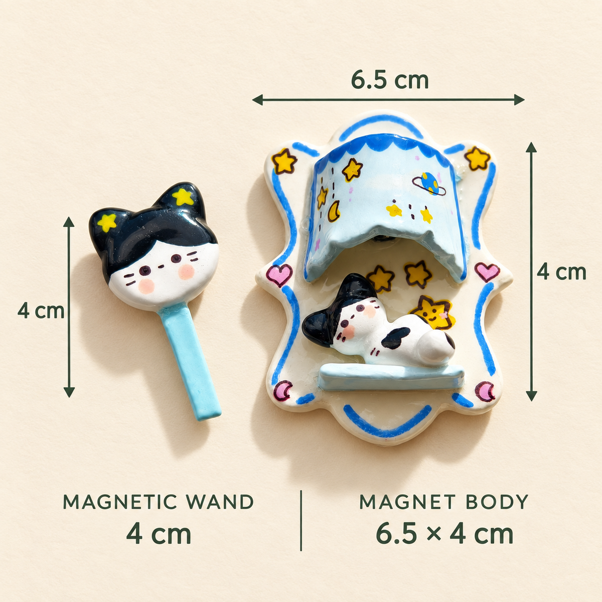 Glowing Cat Fridge Magnet & Magic Wand – Hand-Painted Stone Clay