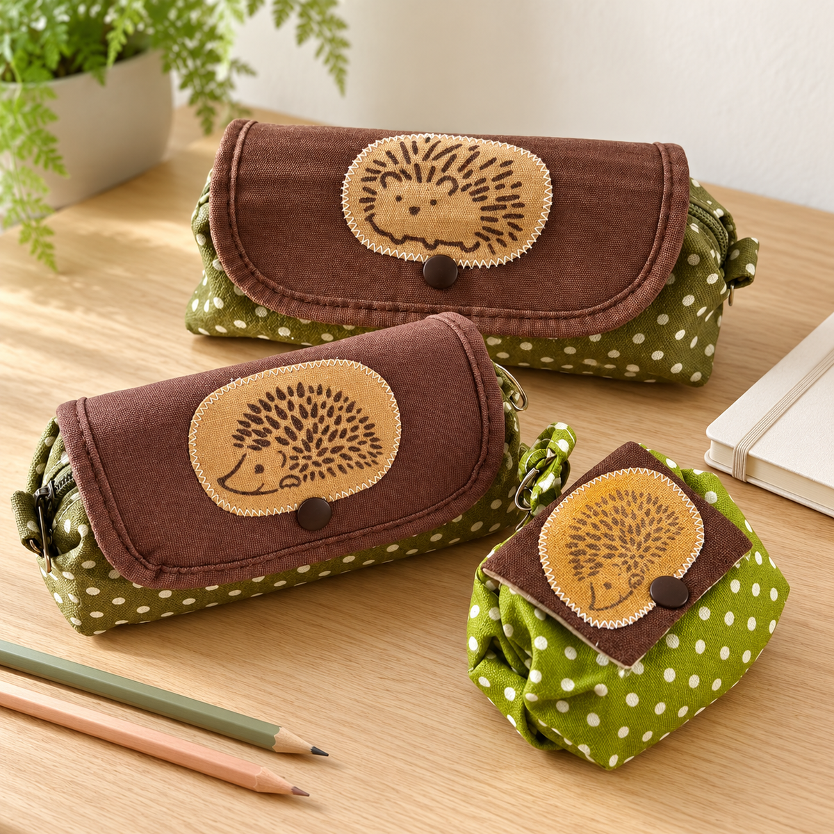 Large, medium and small hedgehog canvas pouches beside a notebook on a desk; styled scene