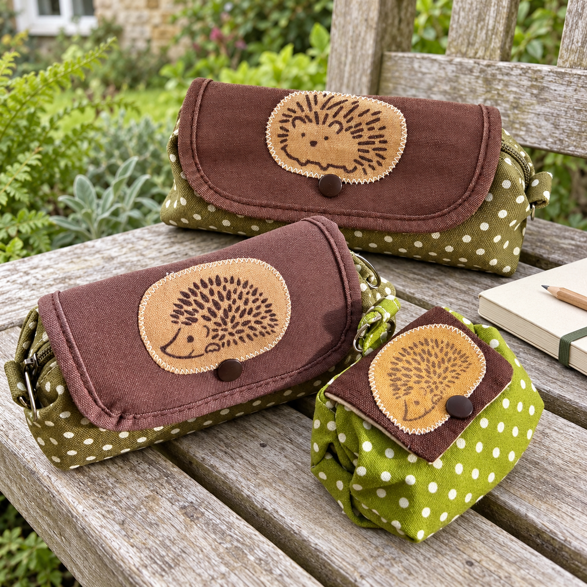 Three hedgehog canvas pouch sizes on a garden bench in natural daylight; styled scene