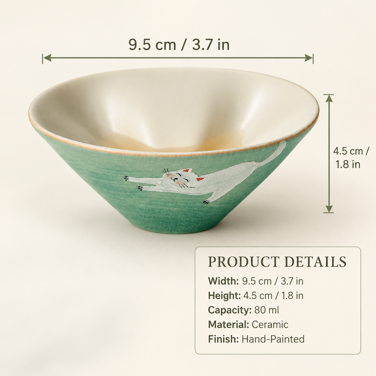 Hidden Cat Tea Bowl – Hand-Painted Mint Ceramic, 80ml