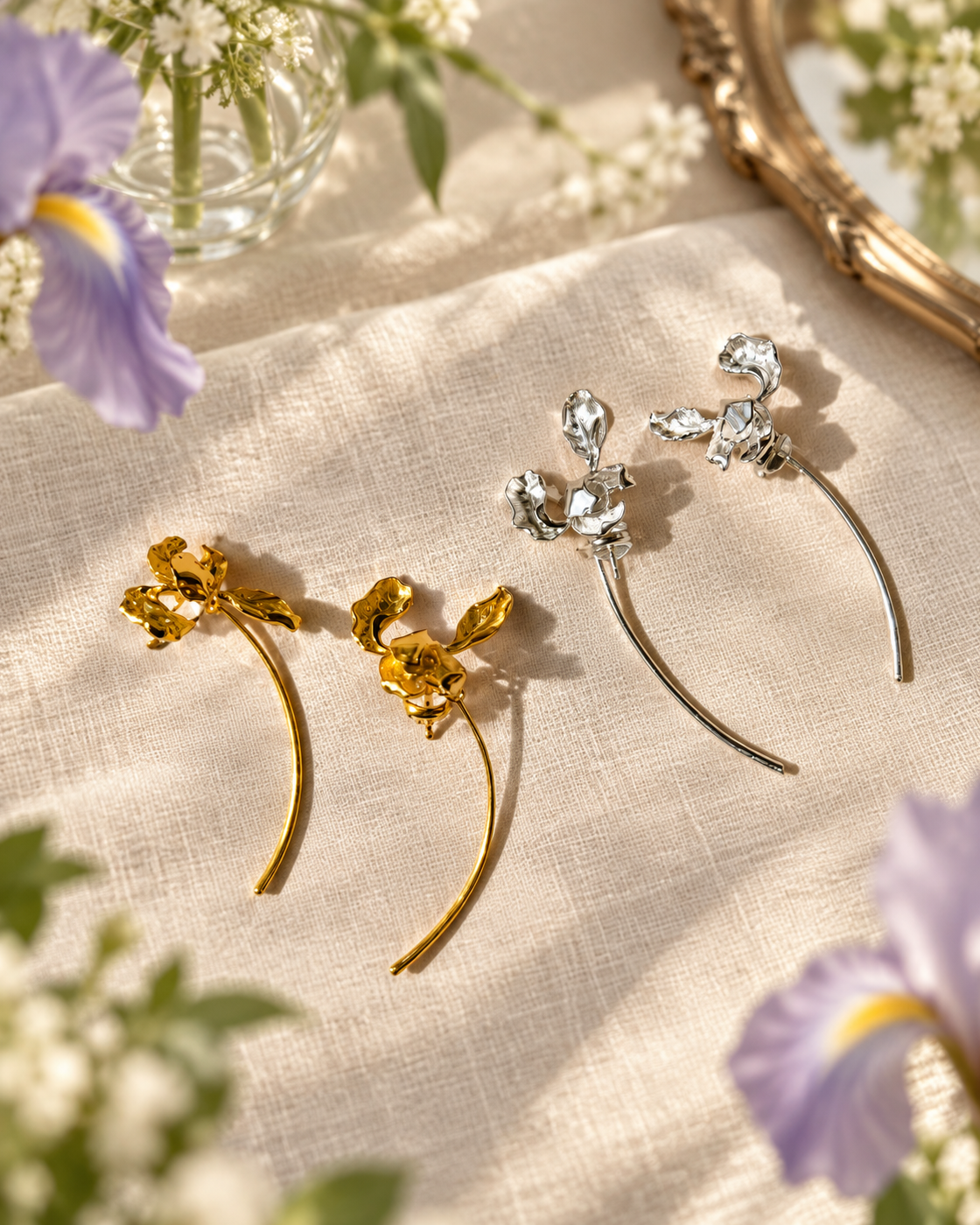 Keep My Spring Iris Convertible Earrings – Detachable Stem, Two Ways to Wear – Gold & Silver-Plated Copper, S925 Posts