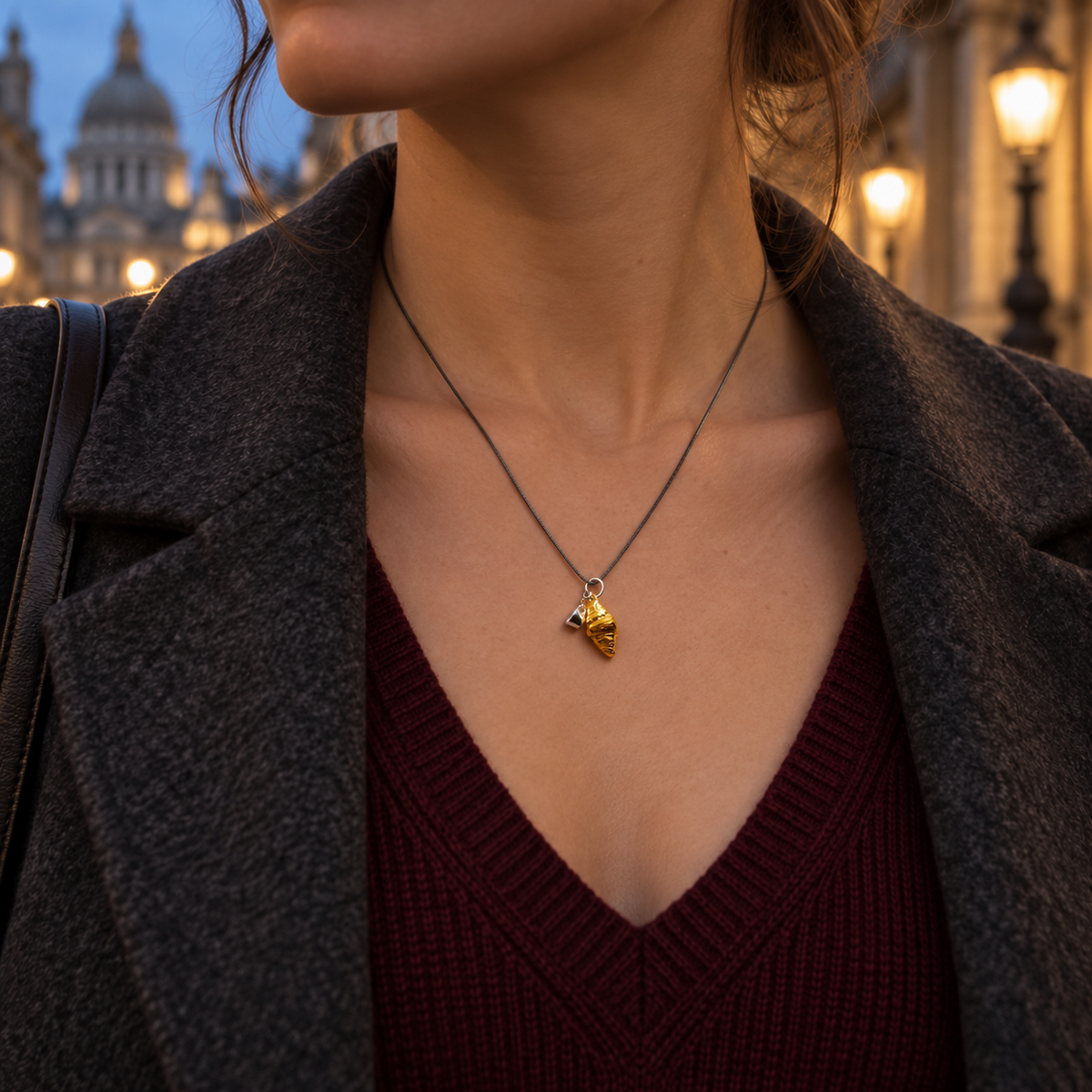 Morning Croissant & Coffee Cup Pendant – Gold-Plated Copper