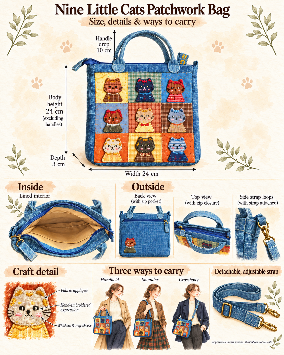 Nine Little Cats Denim Patchwork Handbag – Hand-Embroidered Details
