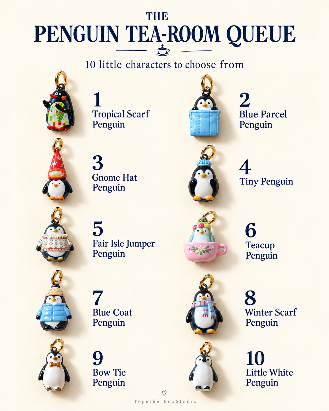 The Penguin Tea-Room Queue – Copper & Stainless Steel Penguin Charms & Pendants