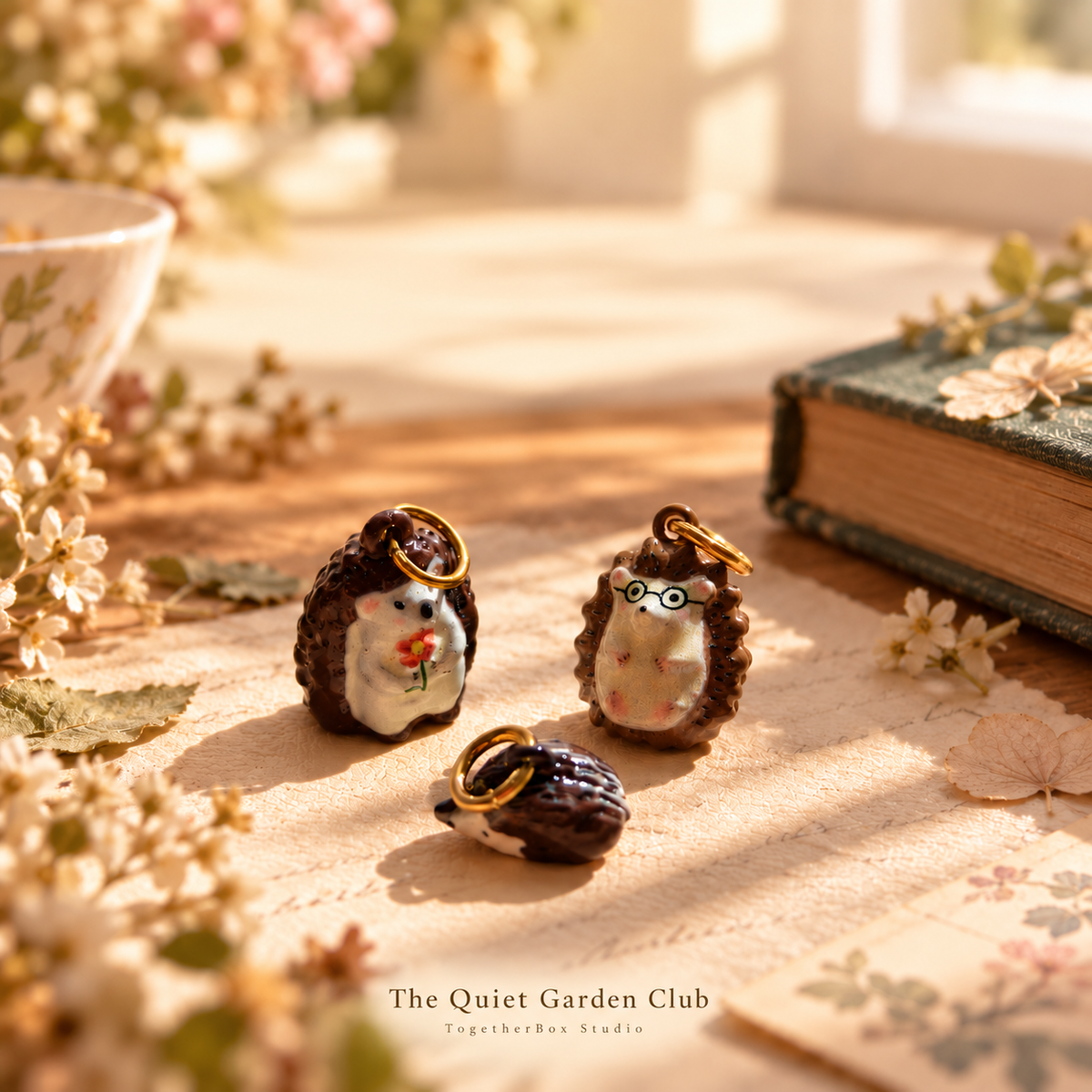 The Quiet Garden Club – Professor Prickle, Flower Keeper & Sleepy Bramble Hedgehog Pendant / Charm Trio