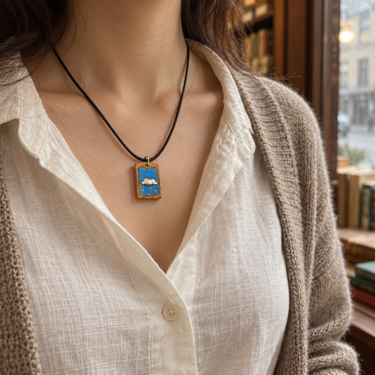 Rain Cloud Hand-Painted Ceramic Pendant Necklace