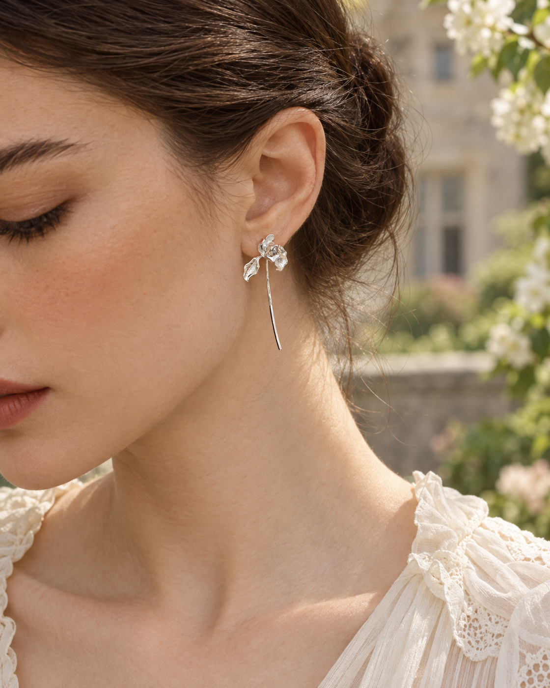 Keep My Spring Iris Convertible Earrings – Detachable Stem, Two Ways to Wear – Gold & Silver-Plated Copper, S925 Posts