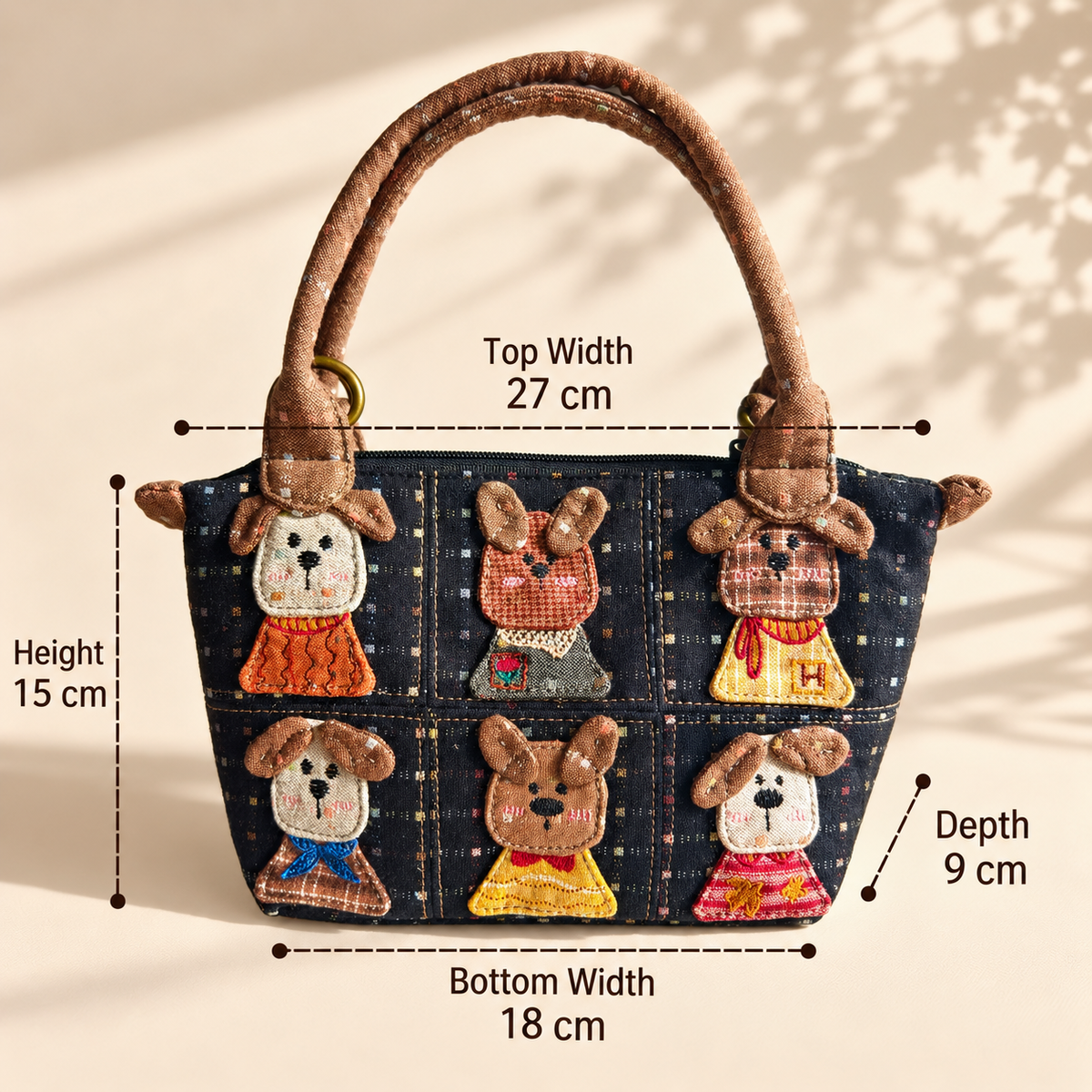 Six Little Dogs Dotted Navy Patchwork Handbag – Hand-Embroidered Textile