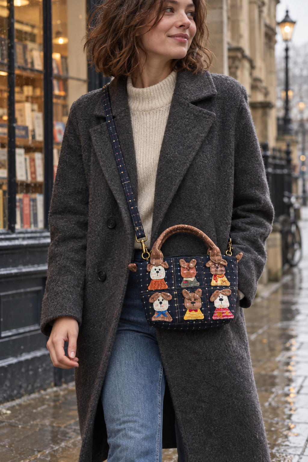 Six Little Dogs Dotted Navy Patchwork Handbag – Hand-Embroidered Textile