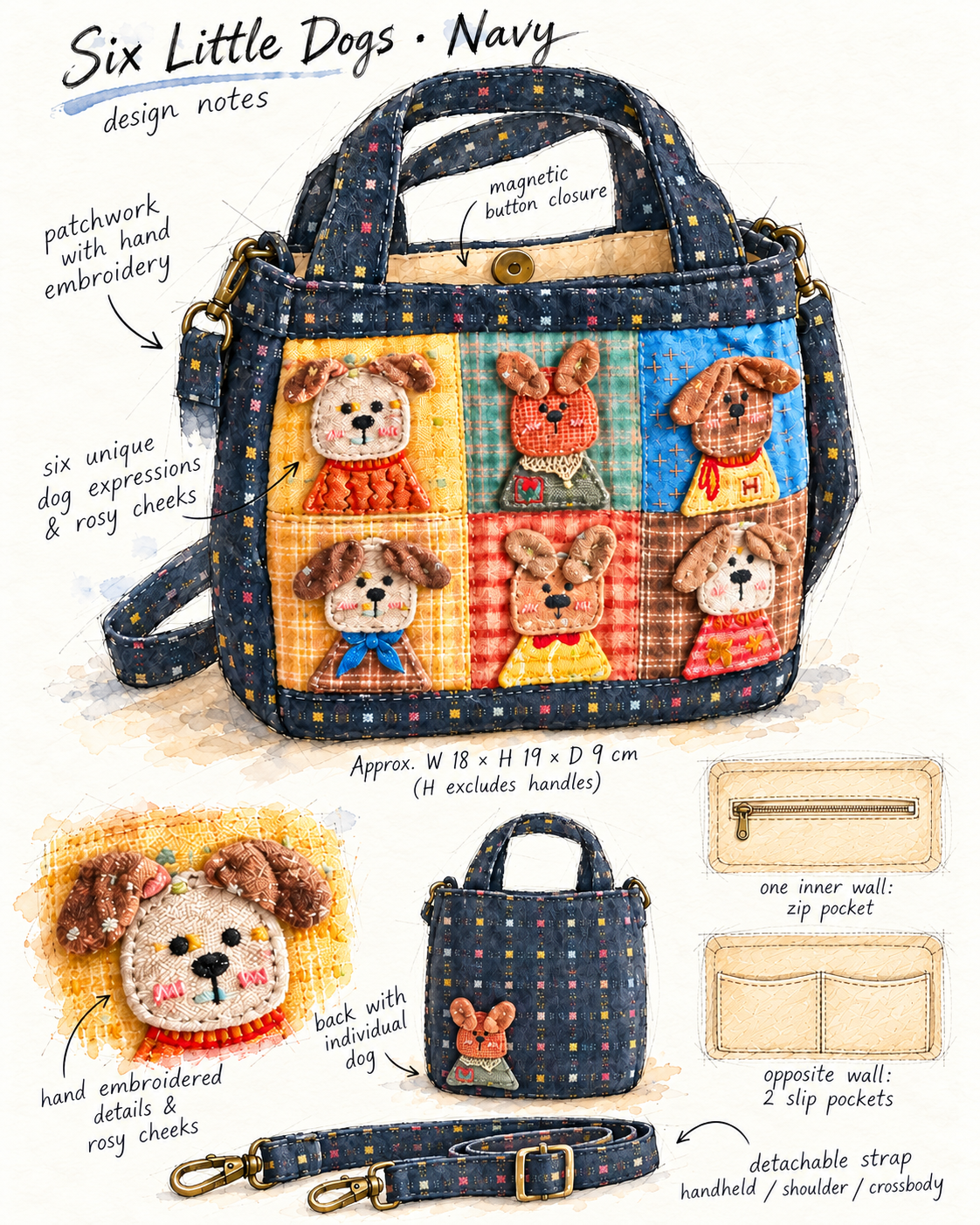 Six Little Dogs Navy Patchwork Bag – Hand-Stitched Fabric