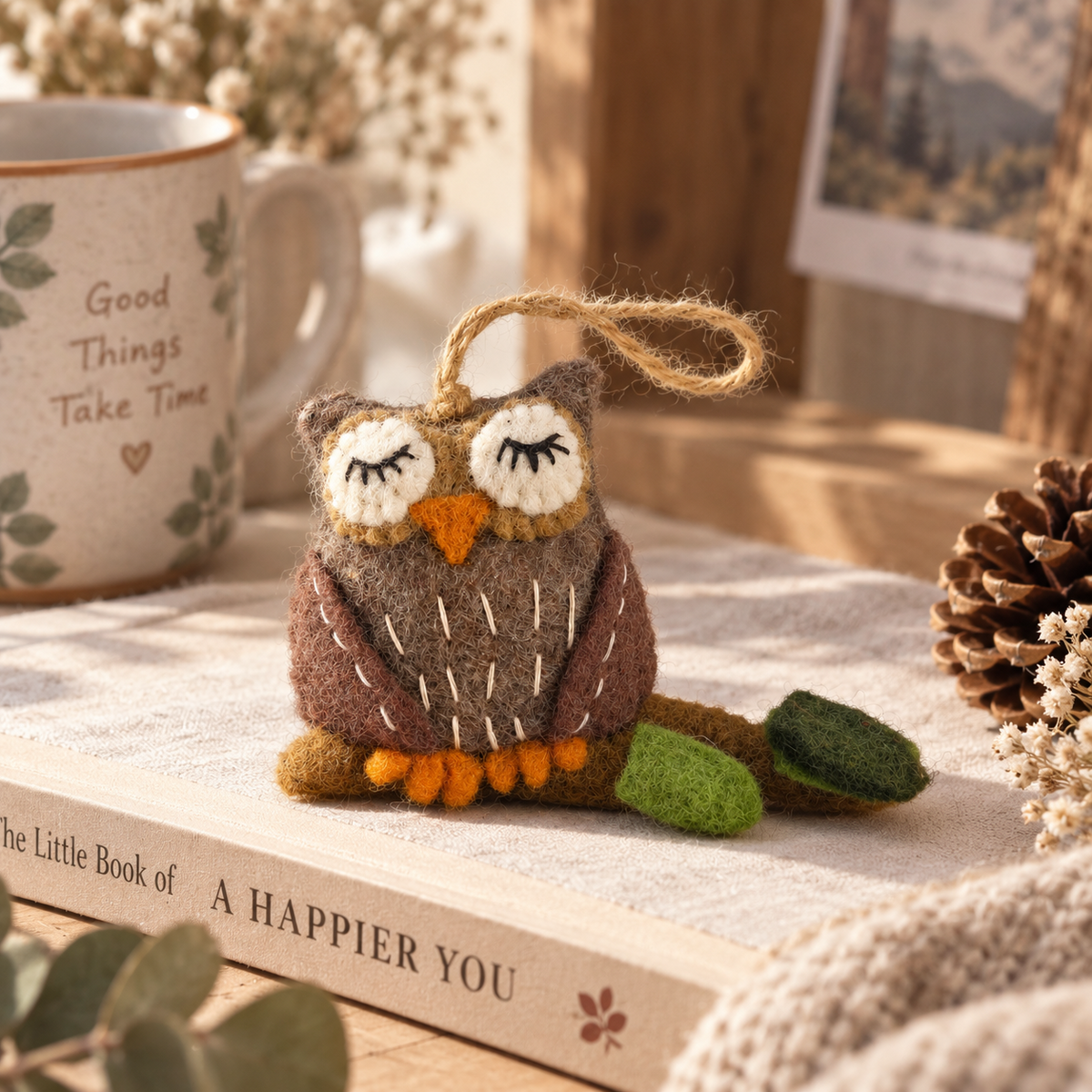 Sleepy Woodland Owl Bag Charm – Handmade Wool Felt