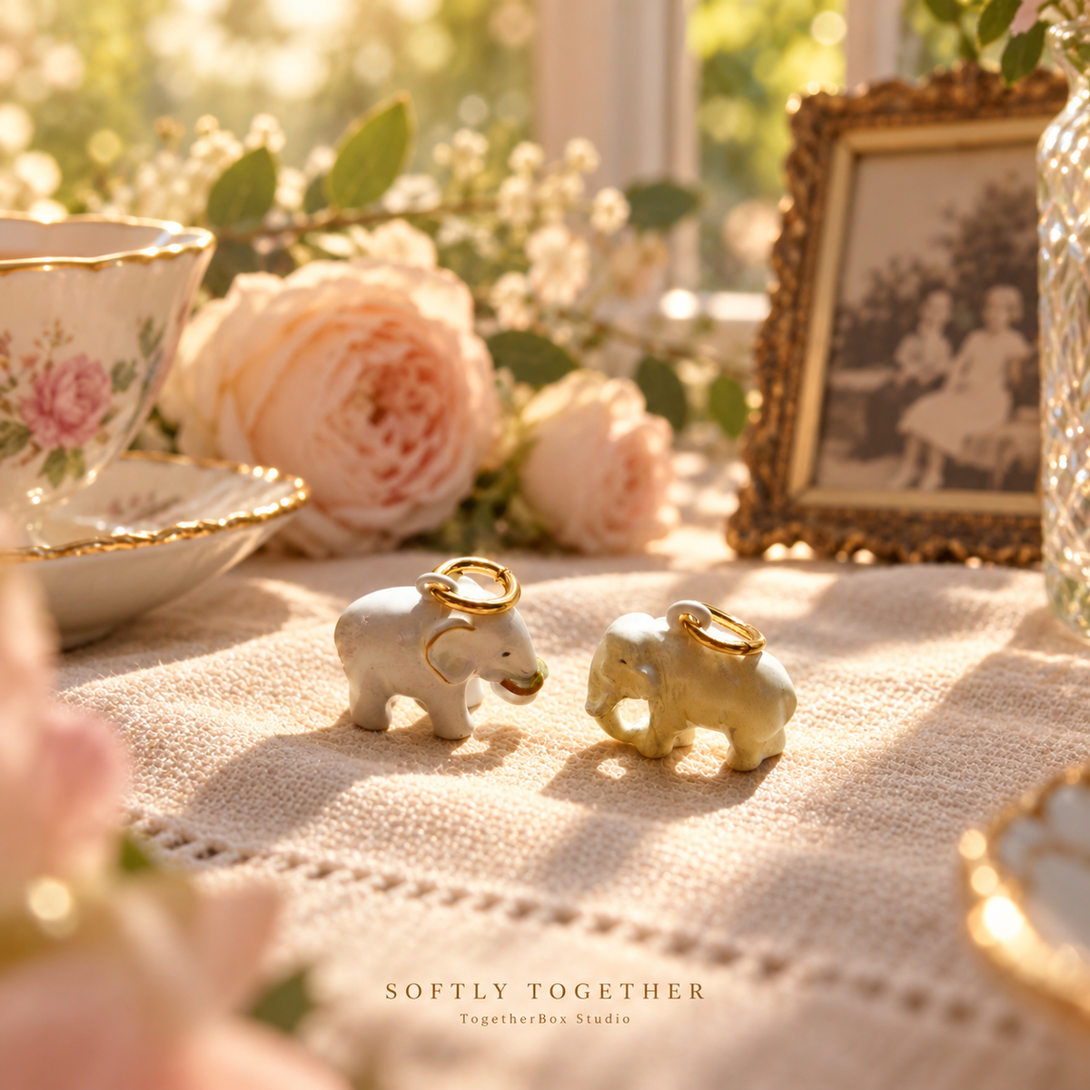Softly Together – Gentle Giant & Pearl Companion Elephant Pendant / Charm Pair