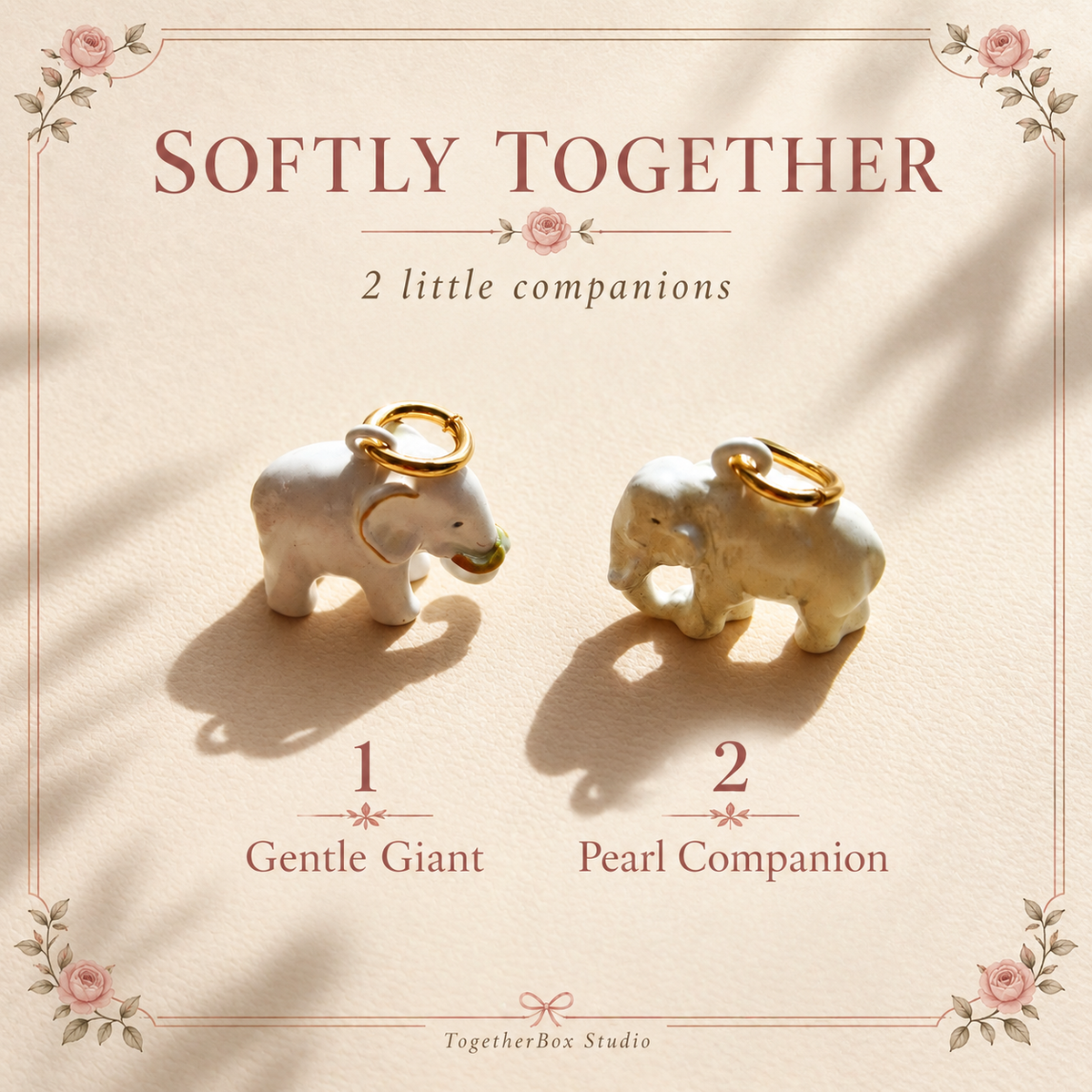 Softly Together – Gentle Giant & Pearl Companion Elephant Pendant / Charm Pair