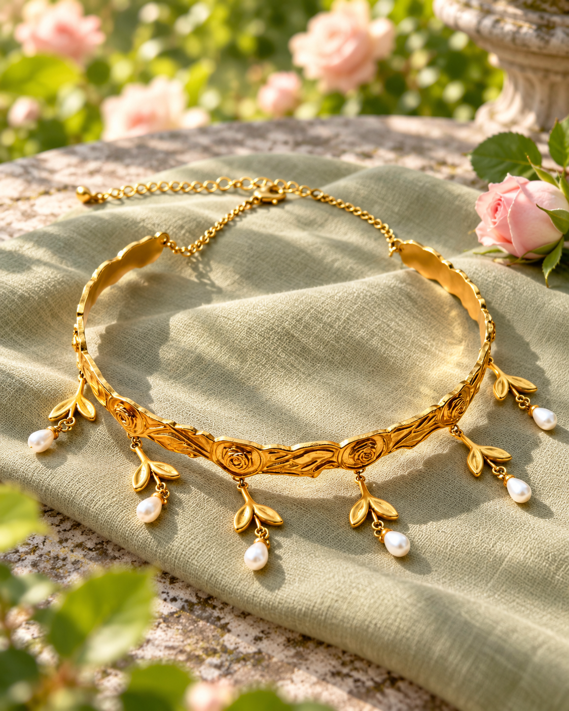 Spring Garden Vine Pearl-Drop Choker Necklace – 18K Gold-Plated Copper
