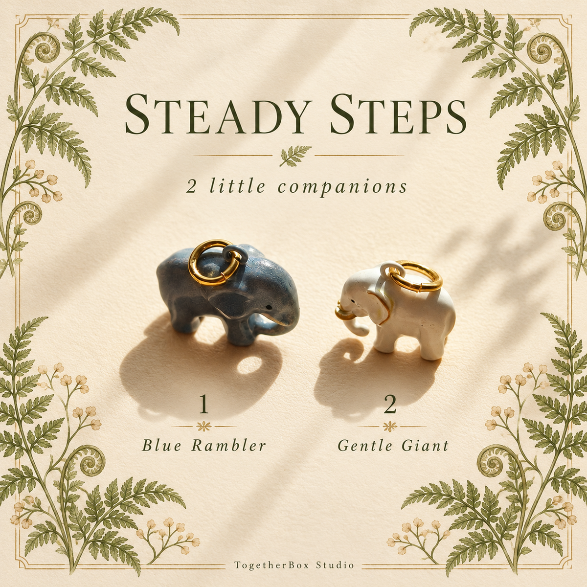 Steady Steps – Blue Rambler & Gentle Giant Elephant Pendant / Charm Pair
