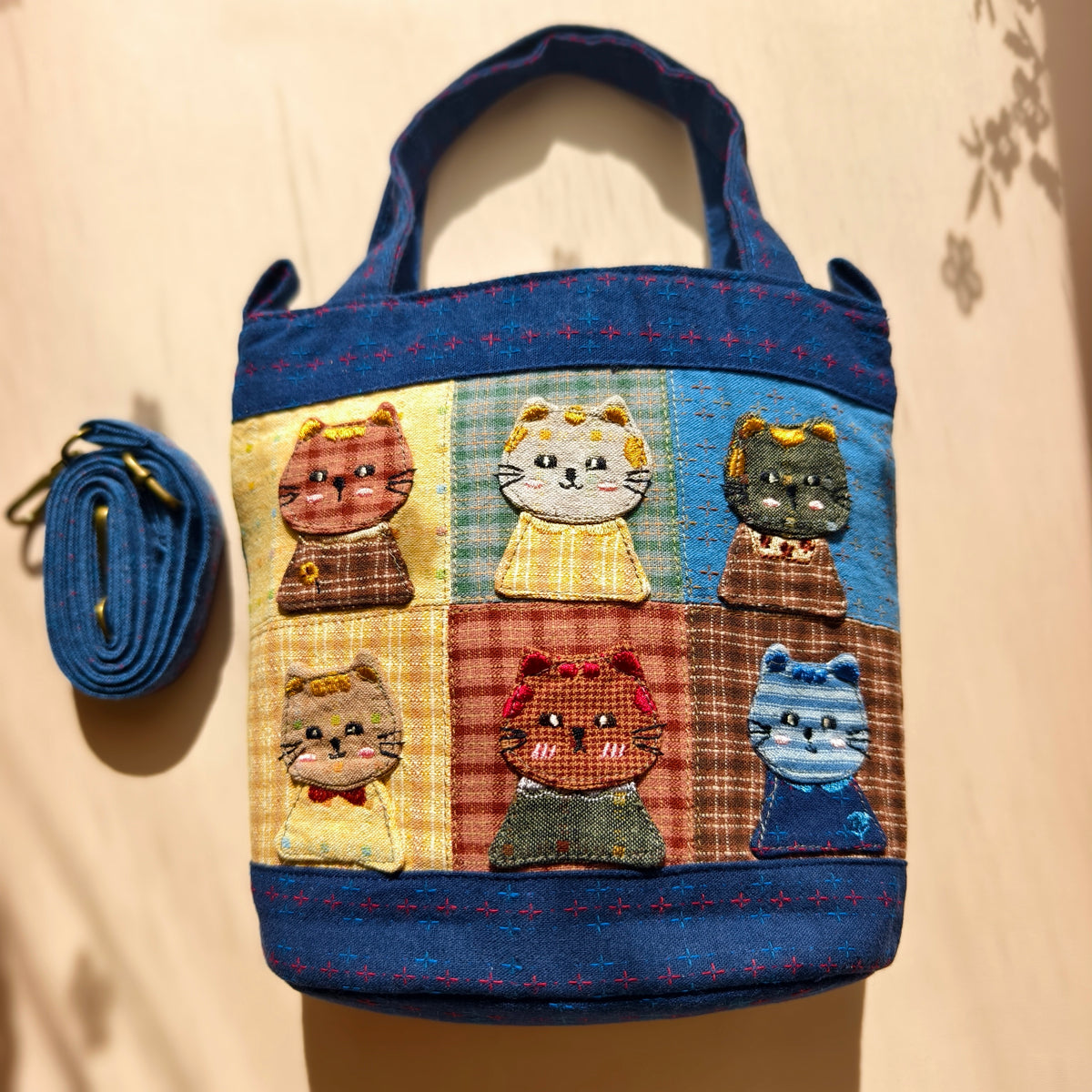 Storybook Cats Navy Patchwork Bucket Bag – Hand-Embroidered Details