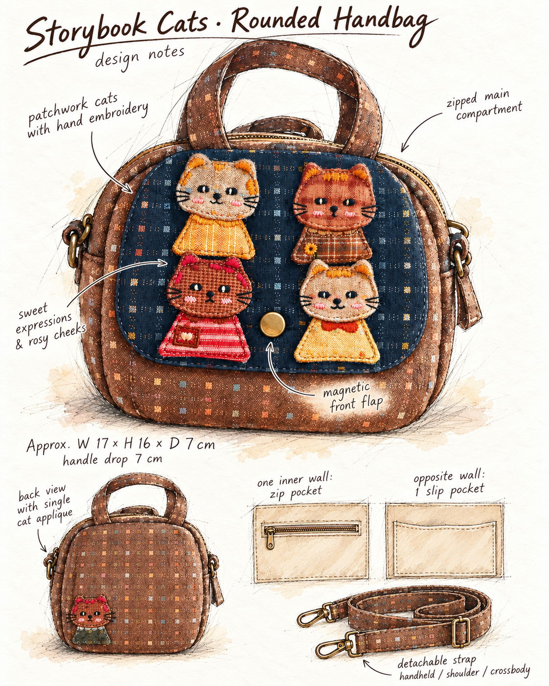 Storybook Cat Patchwork Handbag – Hand-Embroidered Details