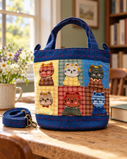 Storybook Cats Navy Patchwork Bucket Bag – Hand-Embroidered Details