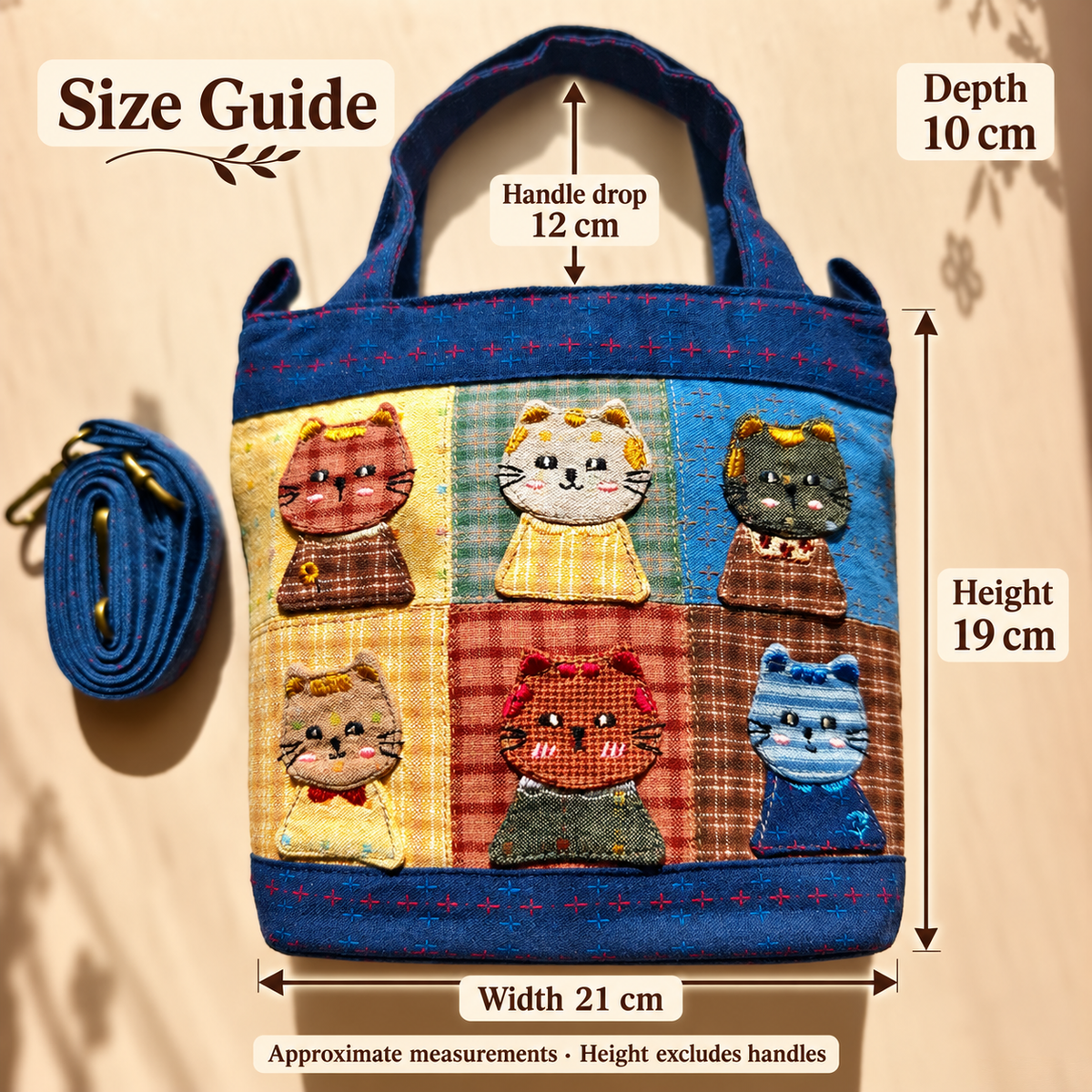 Storybook Cats Navy Patchwork Bucket Bag – Hand-Embroidered Details