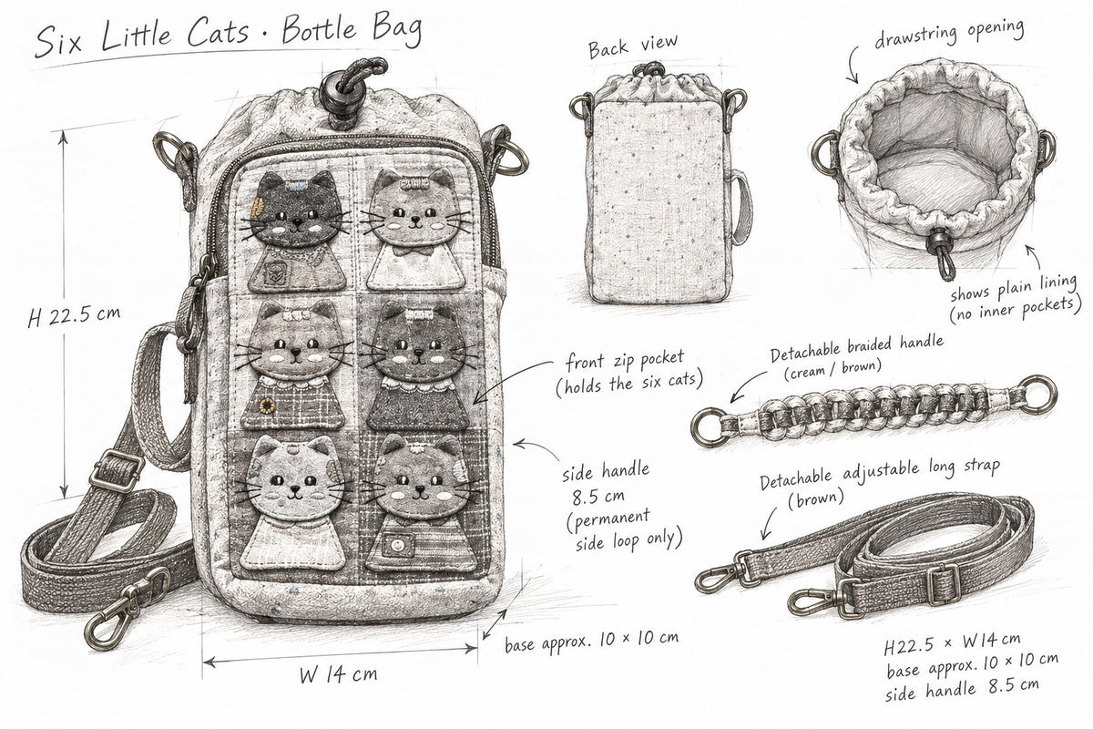 Pencil design study of the six-cat bottle bag, straps, drawstring and front zip pocket