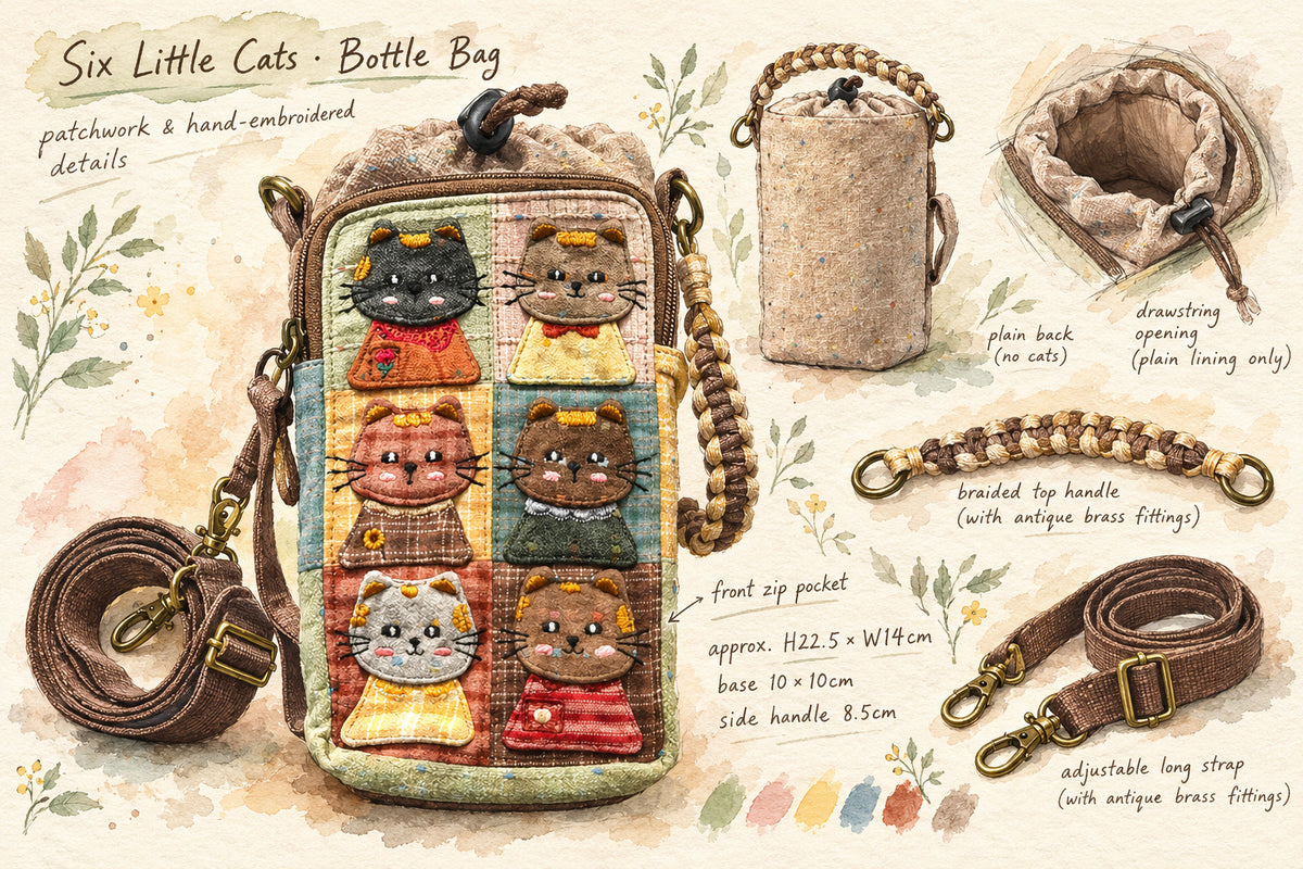 Watercolour design study showing cat appliqué, speckled back, handles and drawstring opening