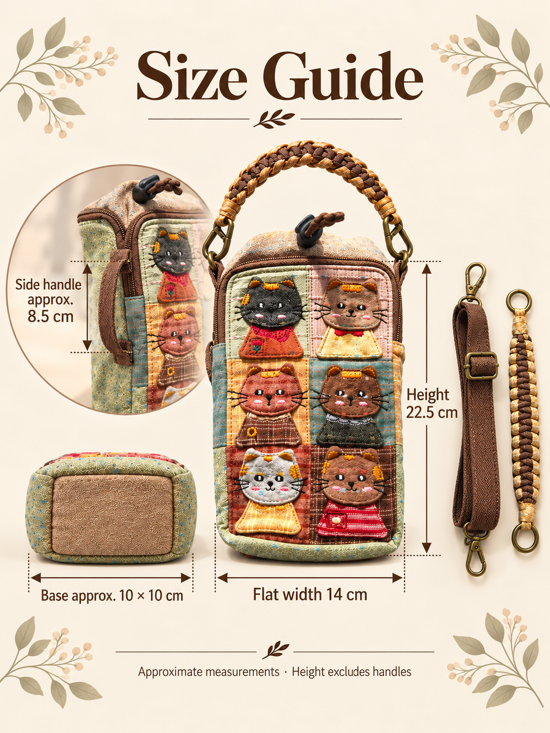 Portrait size guide showing the fixed side handle sewn directly onto the bag; body 22.5 cm high, flat width 14 cm, base approximately 10 × 10 cm, side handle approximately 8.5 cm.