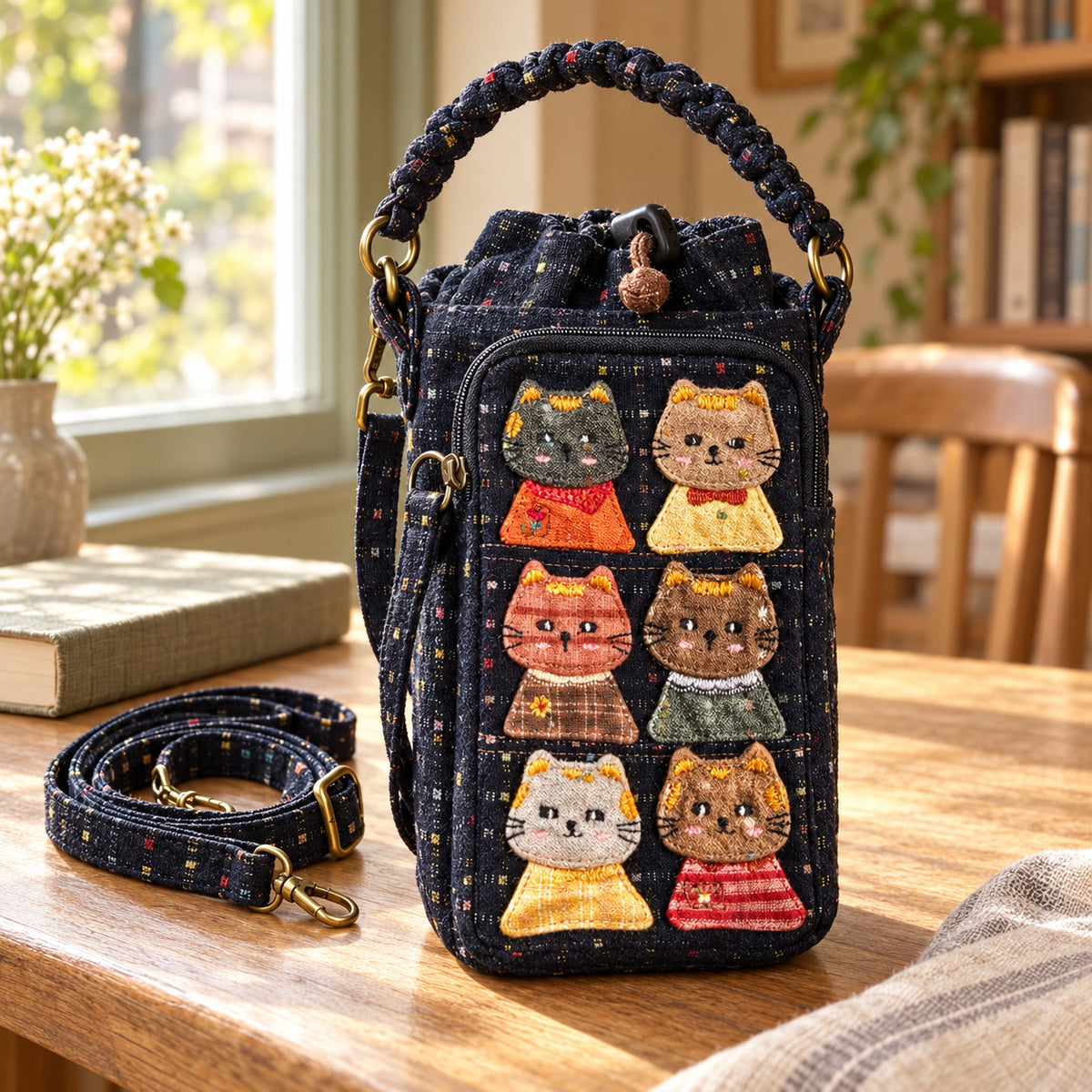 Cat water bottle bag styled in a quiet British cafe setting