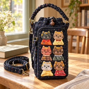 Storybook Cats Navy Patchwork Water Bottle Bag – Hand-Embroidered Details