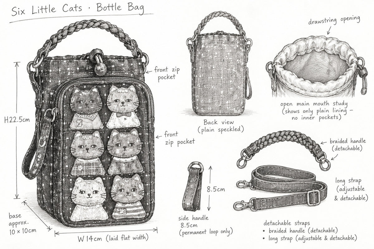 Pencil design study of the six-cat bottle bag, straps, drawstring and front zip pocket