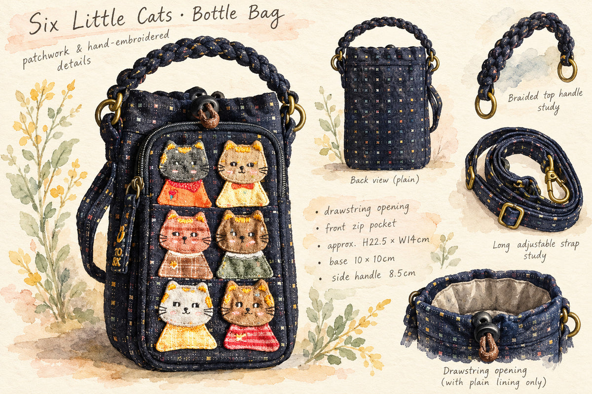 Watercolour design study showing cat appliqué, speckled back, handles and drawstring opening