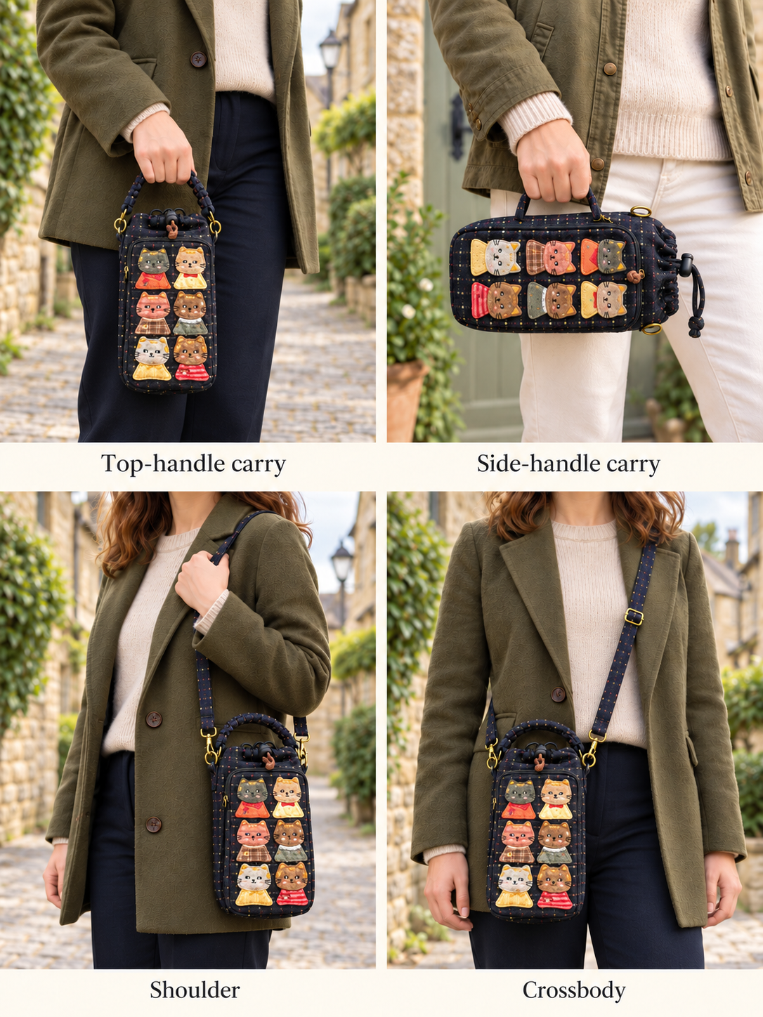 Four carrying styles with compact bottle-bag proportions, checked against actual product photographs: top handle, side handle, shoulder and crossbody.