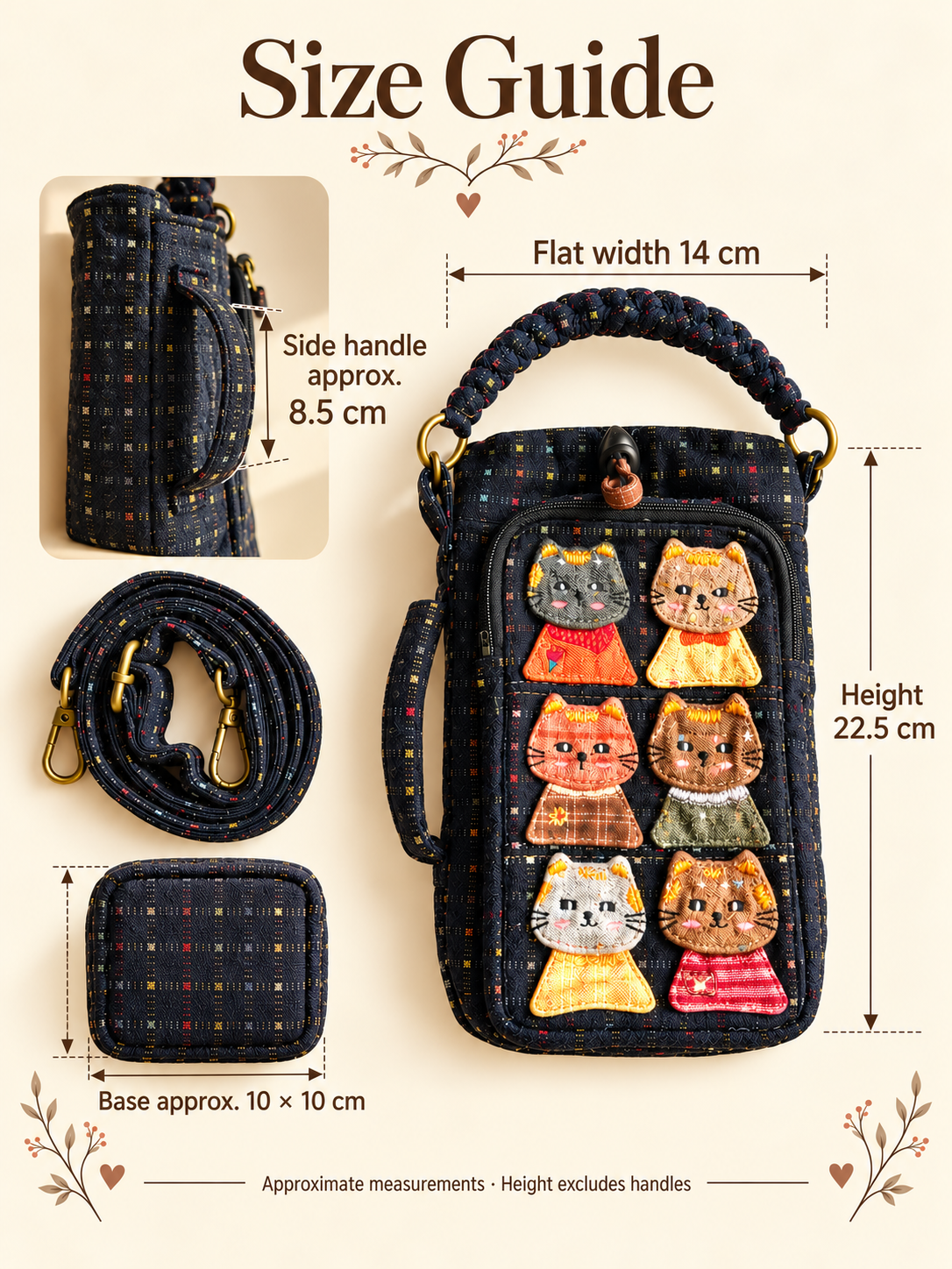 Portrait size guide showing the fixed side handle sewn directly onto the bag; body 22.5 cm high, flat width 14 cm, base approximately 10 × 10 cm, side handle approximately 8.5 cm.