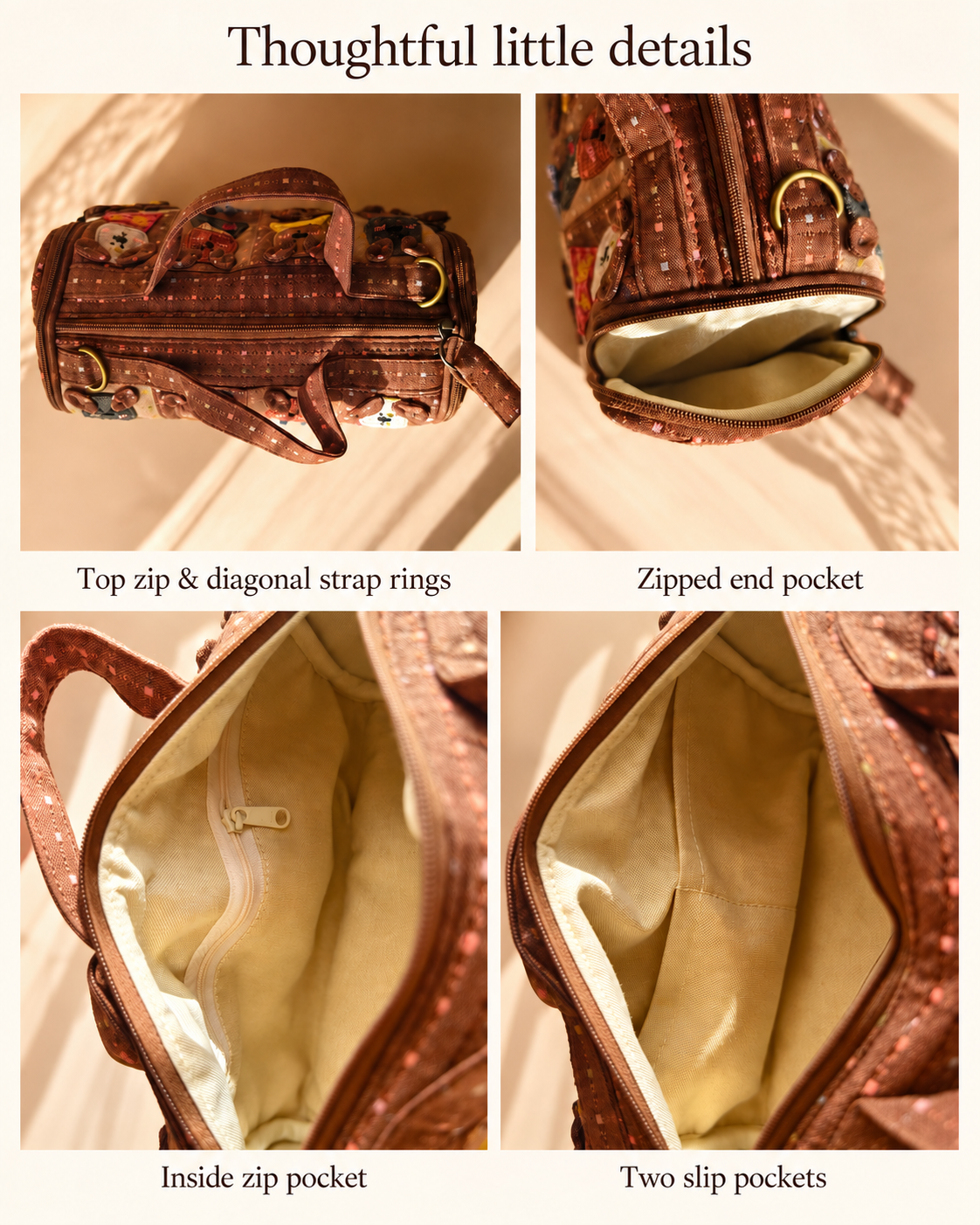 Storybook Dogs Brown Patchwork Barrel Bag – Hand-Embroidered Textile