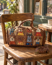 Storybook Dogs Brown Patchwork Barrel Bag – Hand-Embroidered Textile