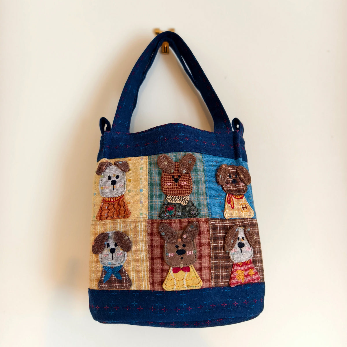 Storybook Dogs Navy Patchwork Bucket Bag – Hand-Embroidered Details