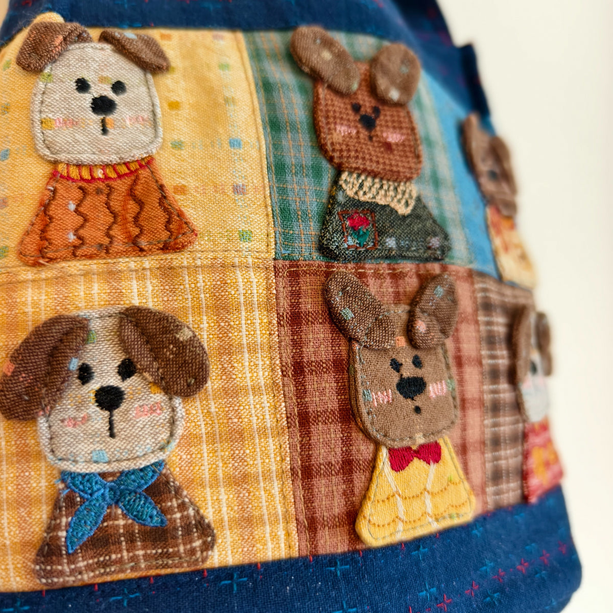 Storybook Dogs Navy Patchwork Bucket Bag – Hand-Embroidered Details