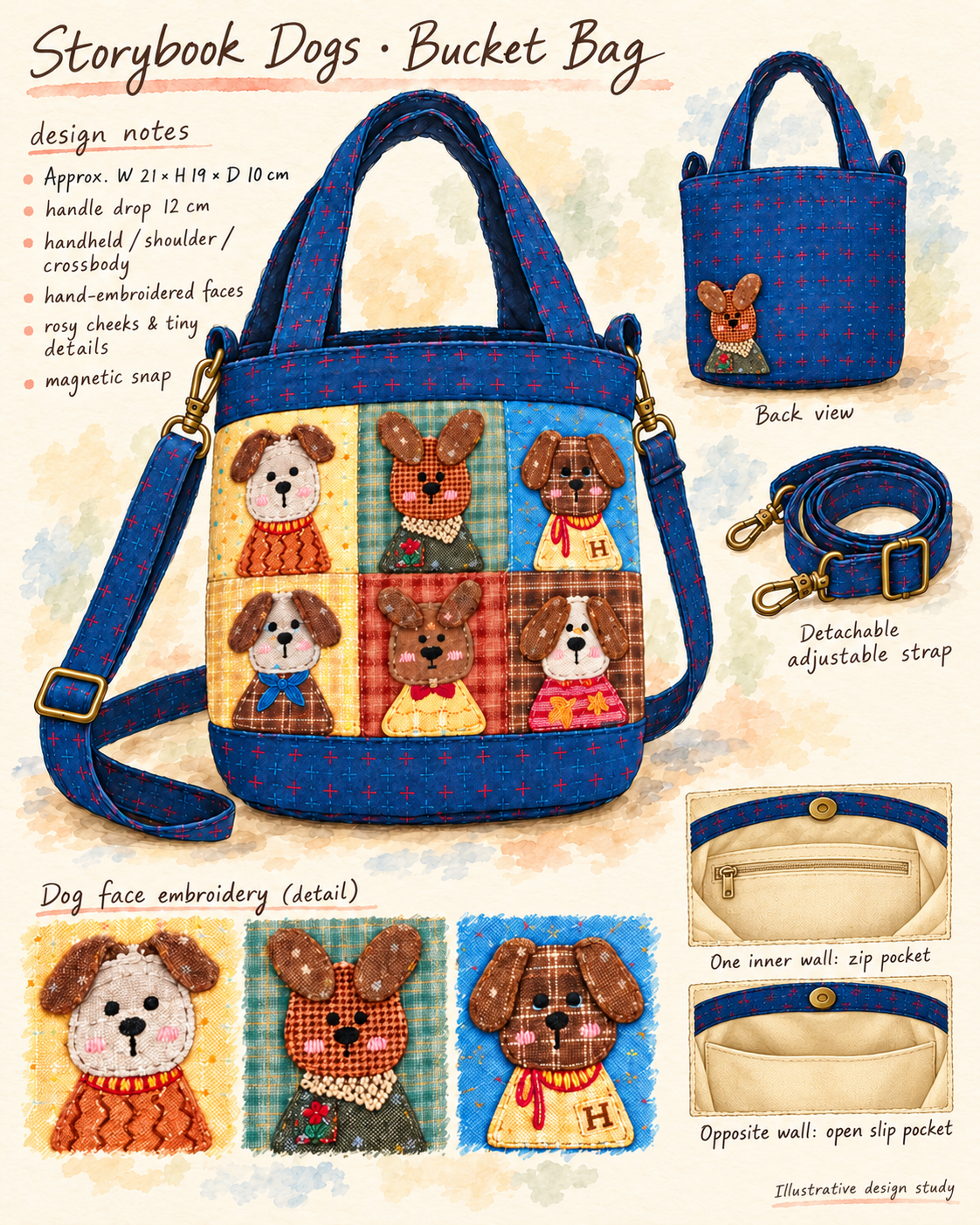 Storybook Dogs Navy Patchwork Bucket Bag – Hand-Embroidered Details