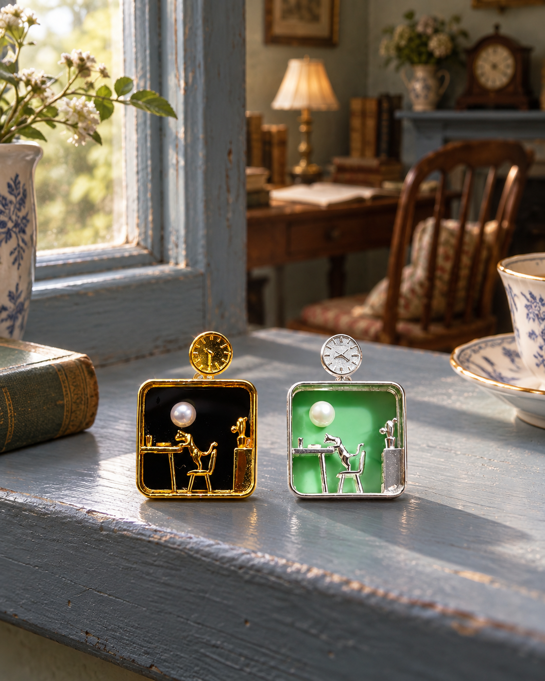 Mint Green Sunroom Cat Pendant – 925 Silver, Glass & Pearl