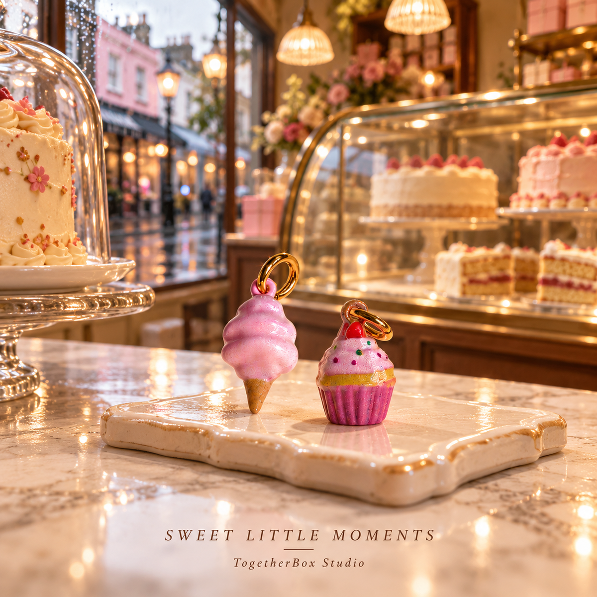 Pink ice cream and cupcake charms on a cream counter in a cosy Portobello cake shop with glass cake displays