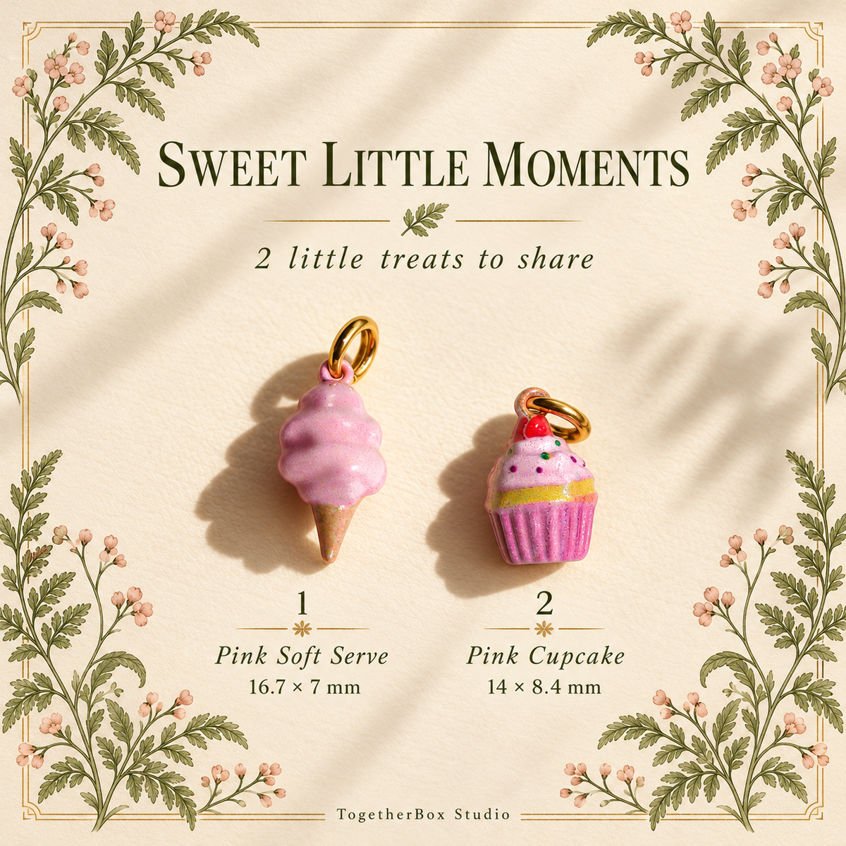 Numbered guide to Pink Soft Serve 16.7 by 7 mm and Pink Cupcake 14 by 8.4 mm