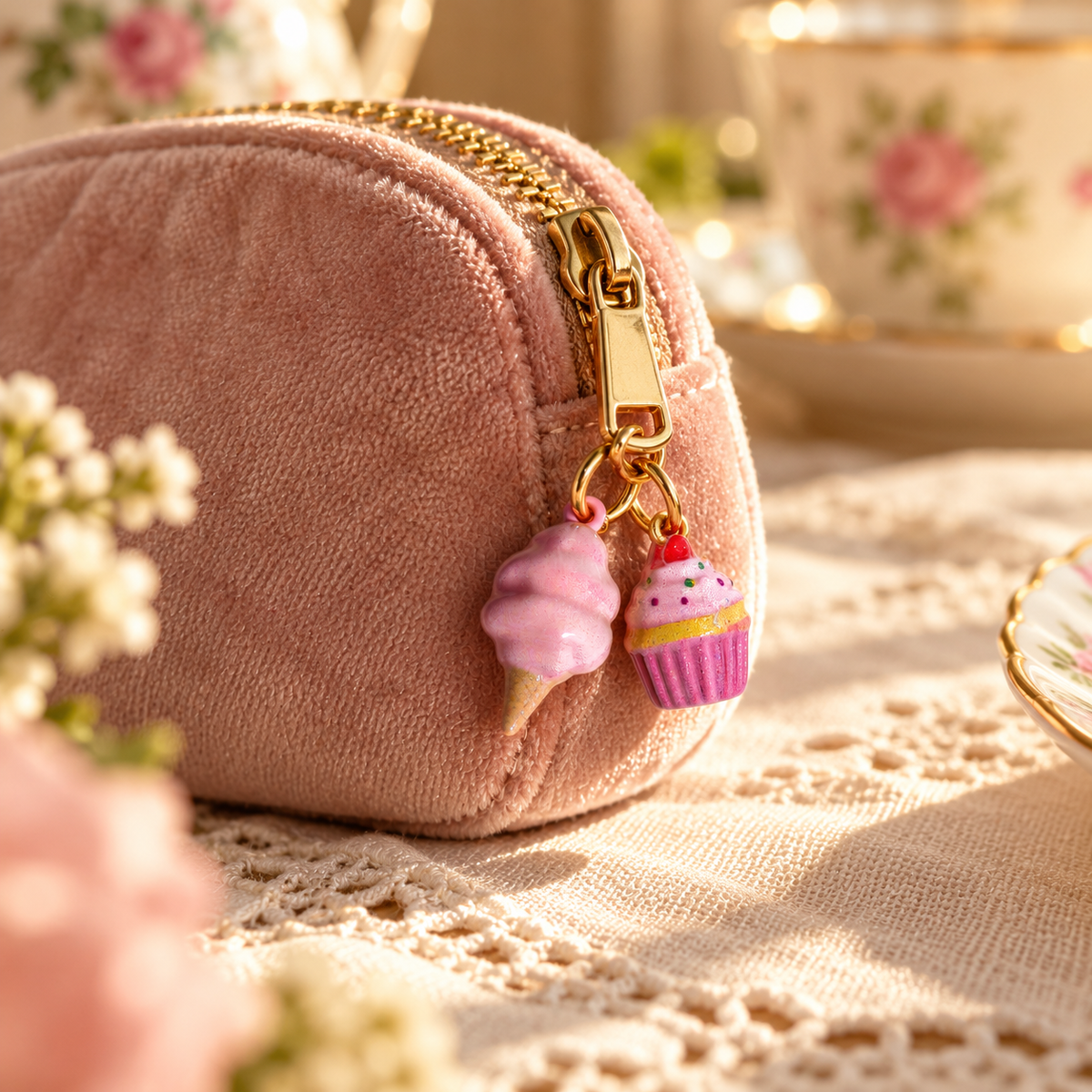 Both pink dessert charms attached together to one zipper pull on a blush velvet pouch