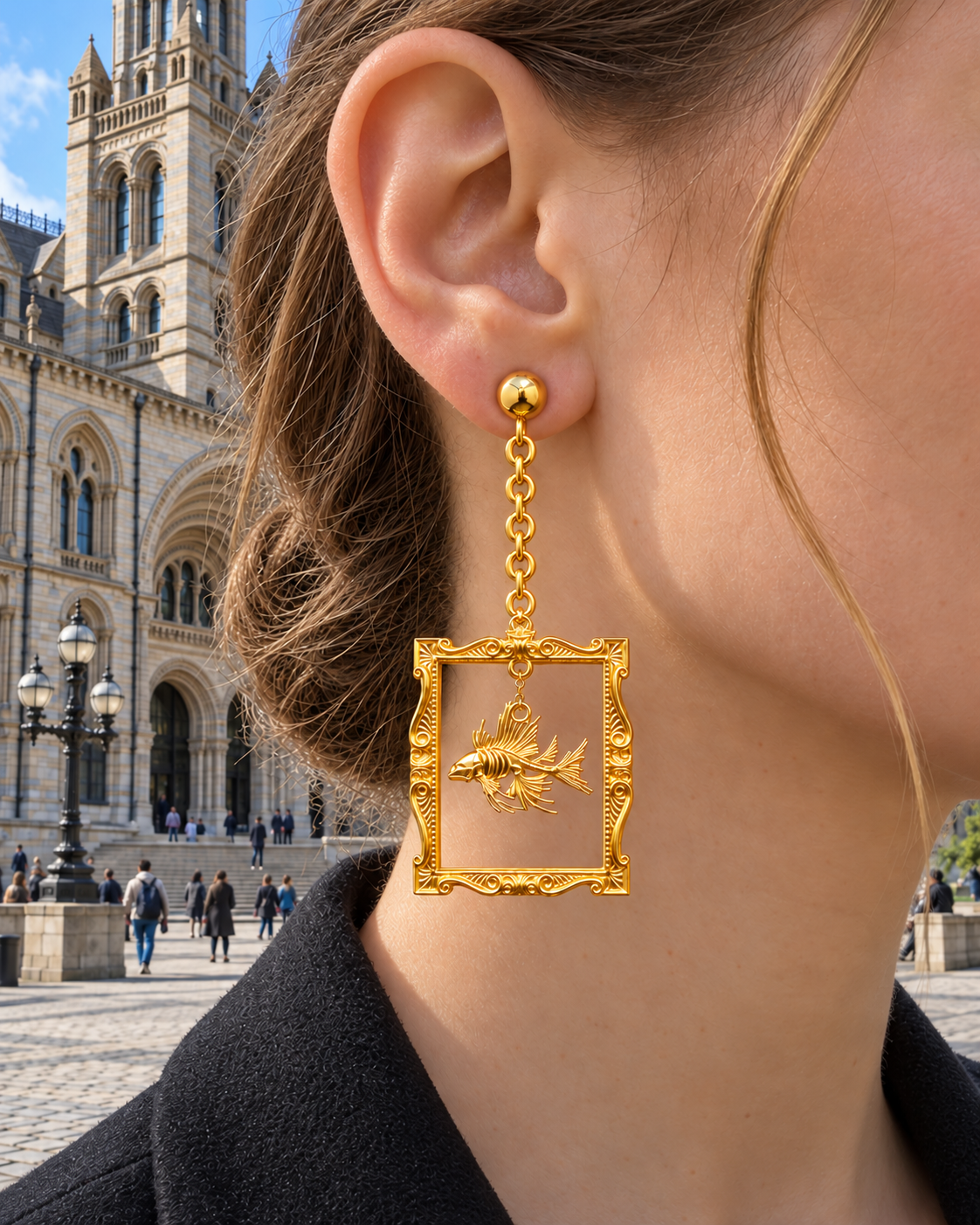 Devonian Fish Skeleton Frame Drop Earrings – Gold-Plated Copper & 925 Silver Posts