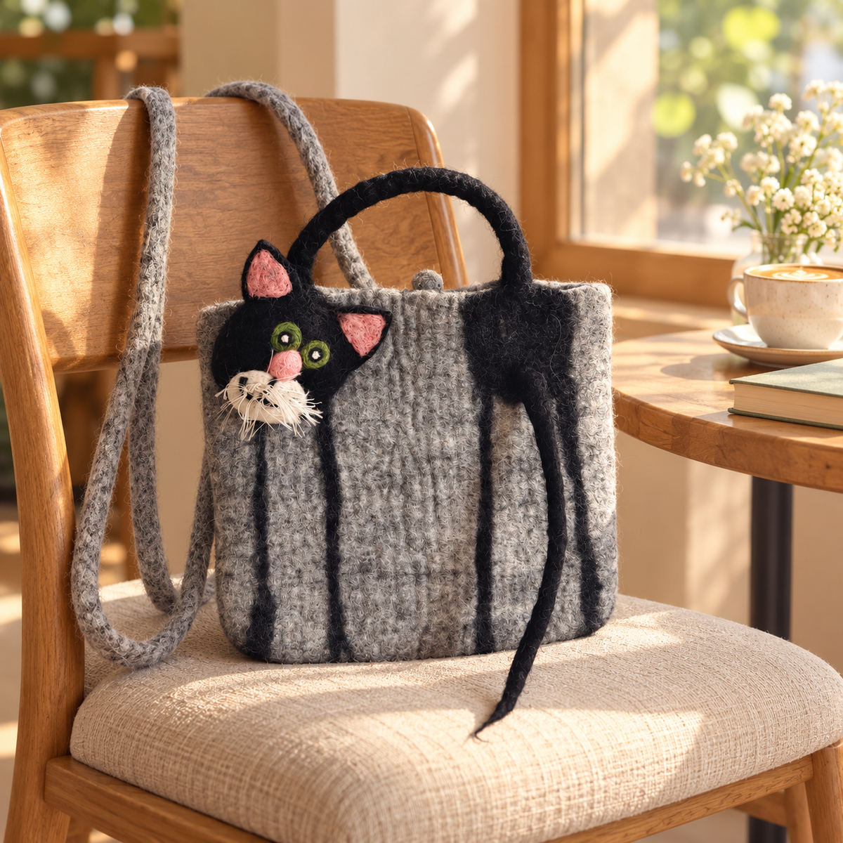 The Cat Who Came Along – Handmade 3D Wool Felt Shoulder Bag