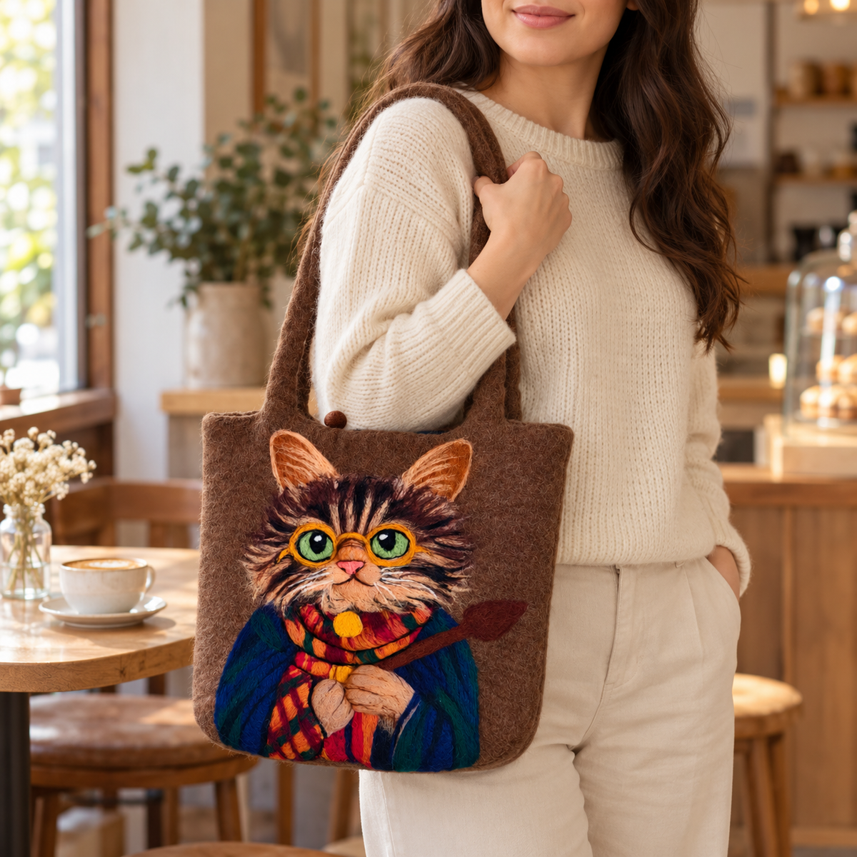 The Little Cat Spellkeeper – Handmade 3D Wool Felt Shoulder Bag