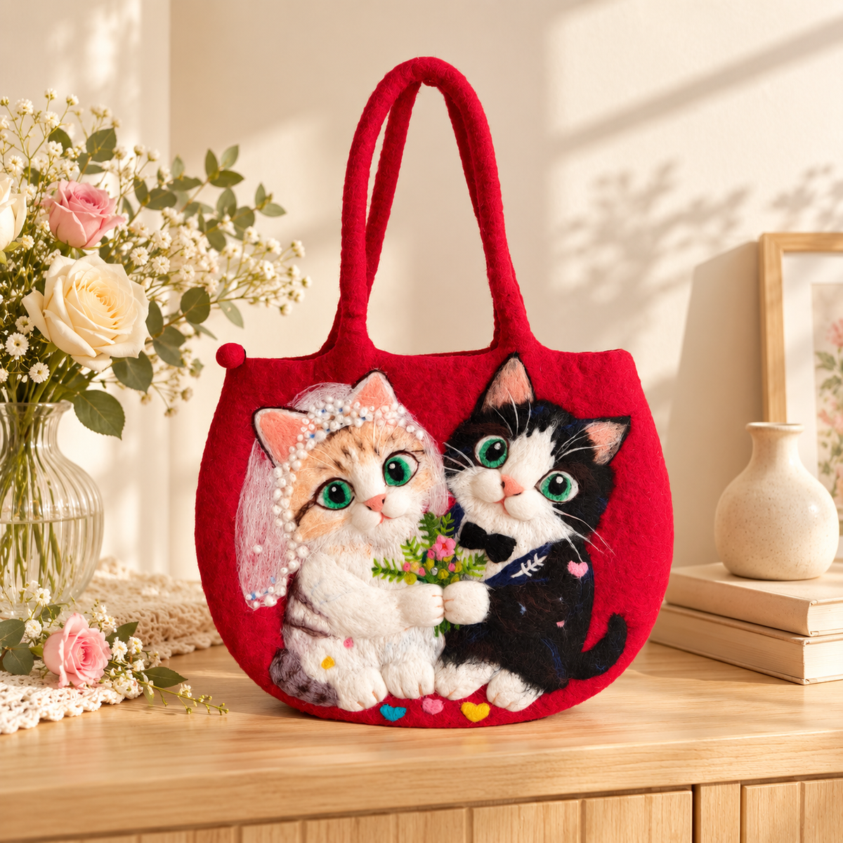 Two Cats, One Happy Day – Handmade 3D Wool Felt Shoulder Bag
