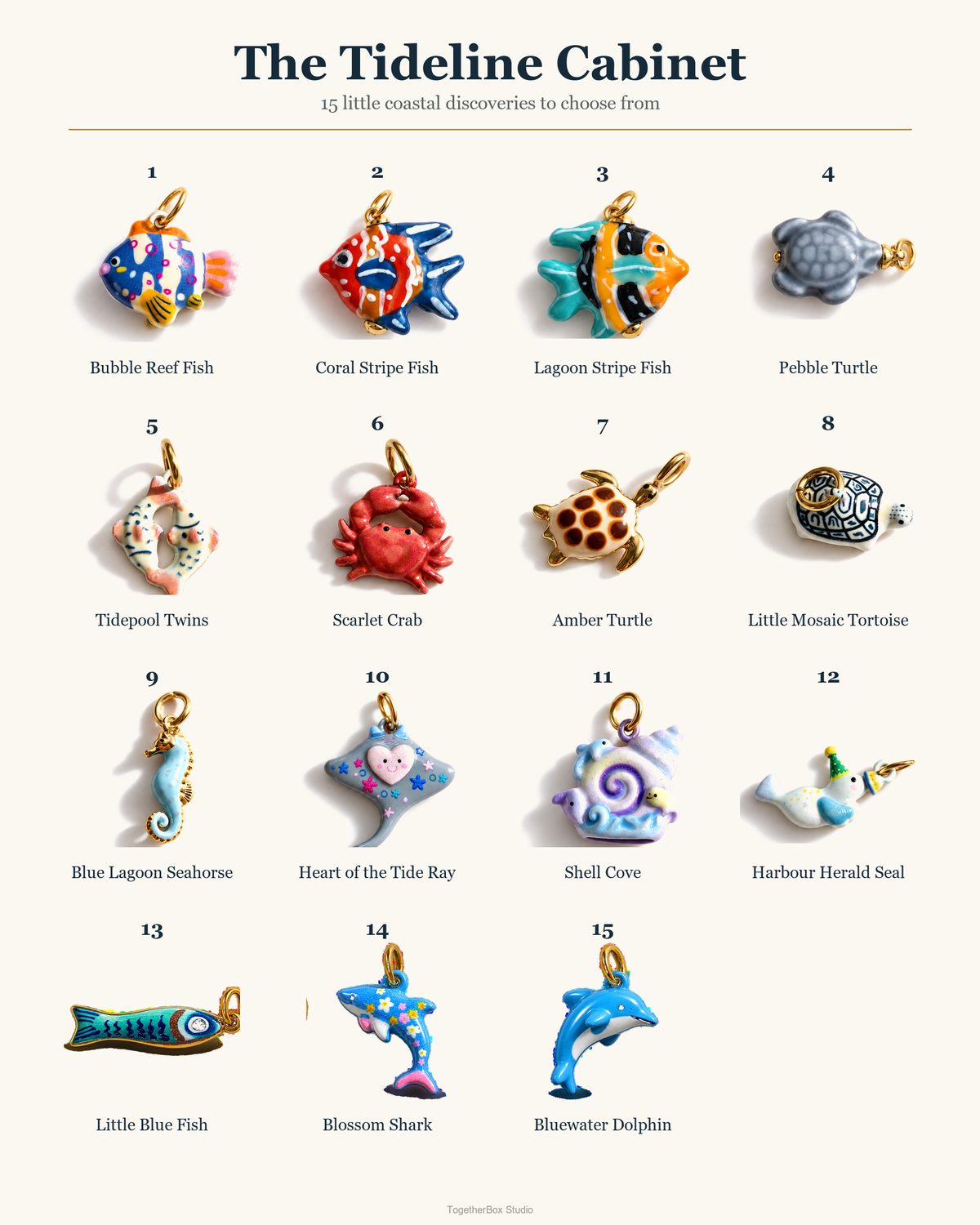The Tideline Cabinet – Copper, Stainless Steel & Ceramic Sea Life Charms & Pendants